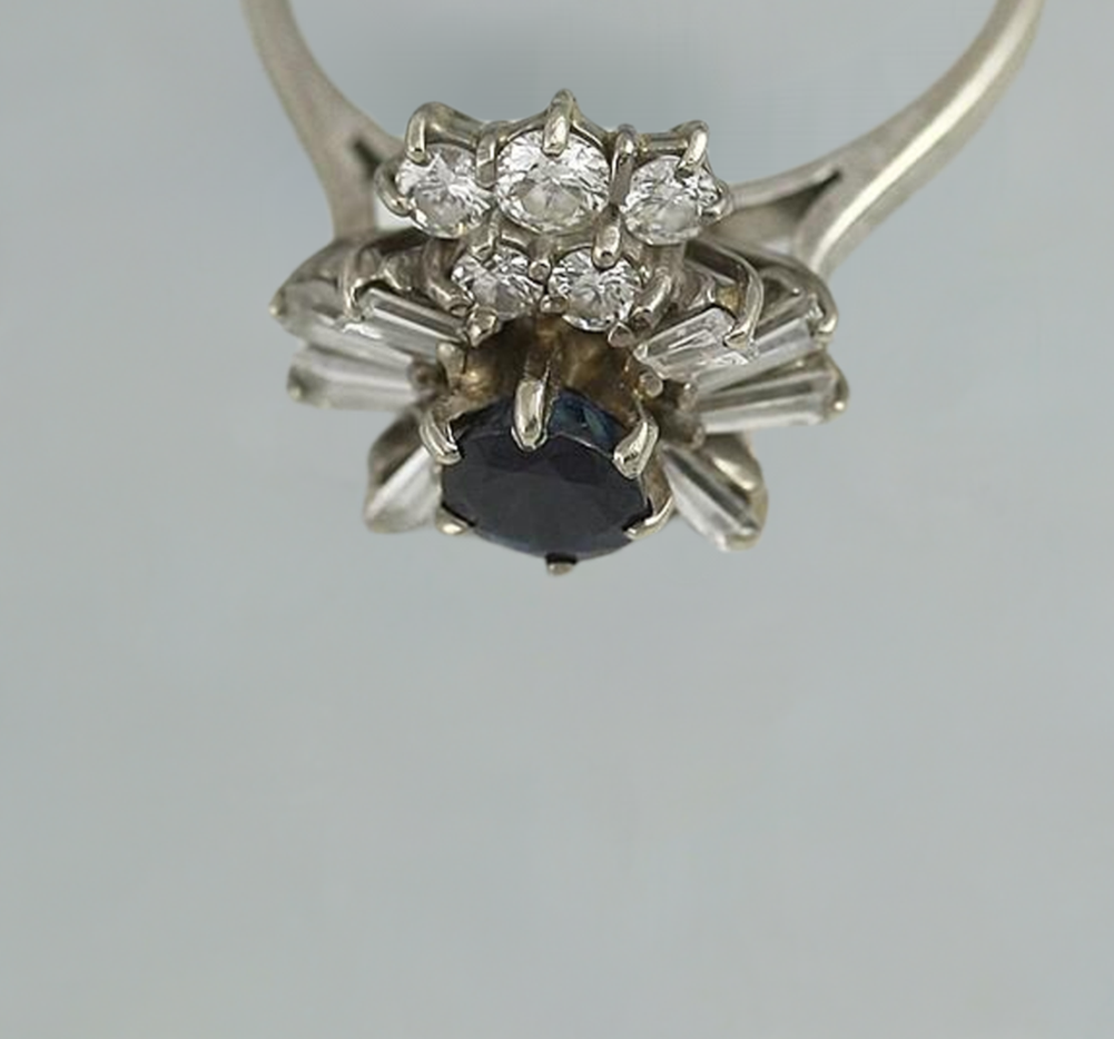 Superb Italian 18K White Gold Sapphire & VS Diamond Cluster Halo Ring