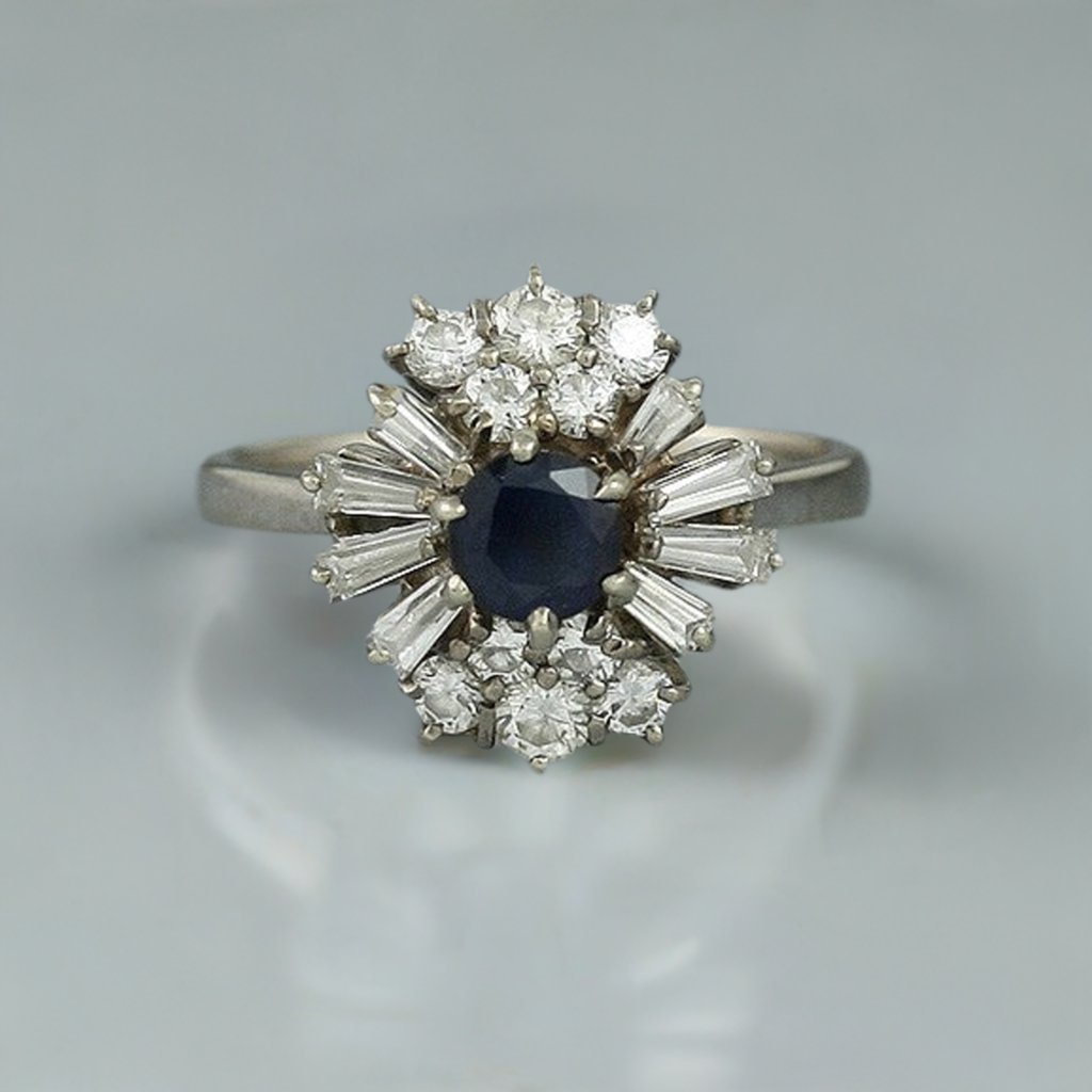 Superb Italian 18K White Gold Sapphire & VS Diamond Cluster Halo Ring