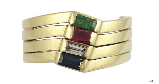 Charming 18k Gold Diamond Ruby Sapphire Emerald Ring