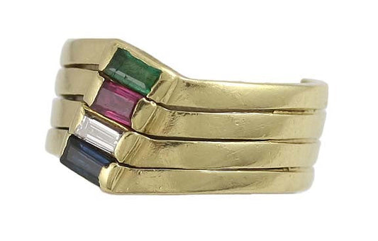 Charming 18k Gold Diamond Ruby Sapphire Emerald Ring