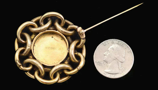 Neat Antique Hand Painted Portrait Pin of Young Man w/ Gilt Frame Paste Stones