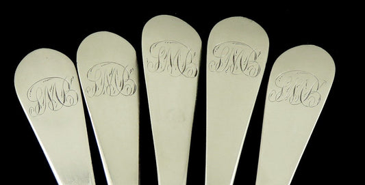 5 Antique c1790s Samuel Richards Coin Silver Teaspoons Philadelphia 6 inches