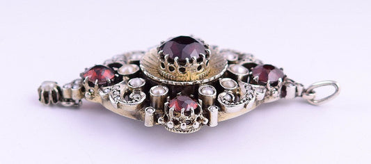Glistening Silvery Pendant Set w/ 5 Large Garnets and Natural Seed Pearls