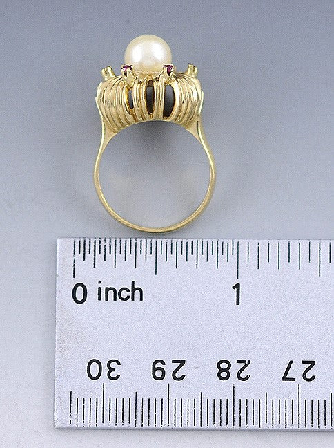 Stunning Italian 18k Yellow Gold Pearl & Ruby Starburst Ring Size 6.5