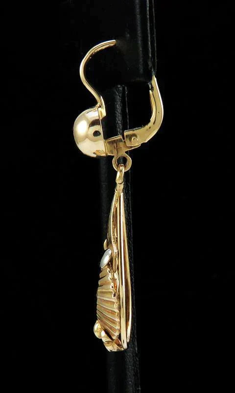 Retro Style Pair 18K Yellow & White Gold Dangle Earrings Flower Accents