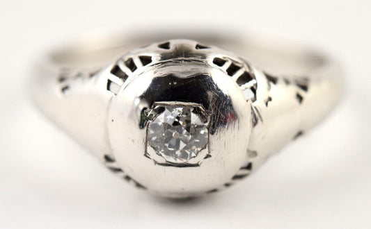 Charming 14pt Brilliant Diamond Ring, 14K White Gold, Filigree, Size 6 1/2