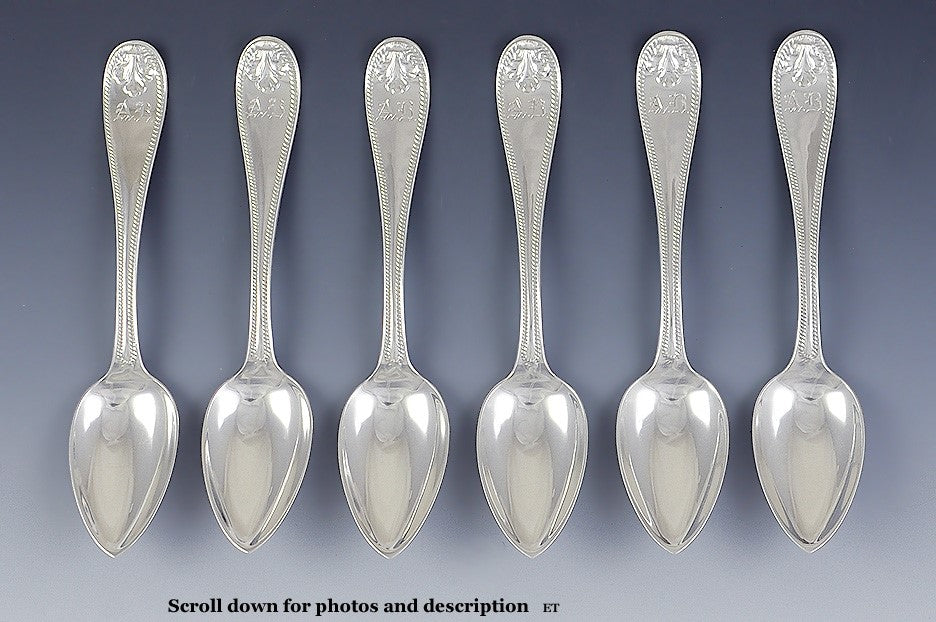 c1855 Great Set 6 American Coin Silver Rope and Shell Tea Spoons