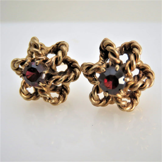 Beautiful Pair 14k Gold & Garnet Twisted Rope Earrings