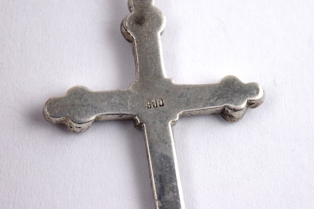 Italian 800 Purity Silver and Marcasite Cross Mother of Pearl Beaded Rosary
