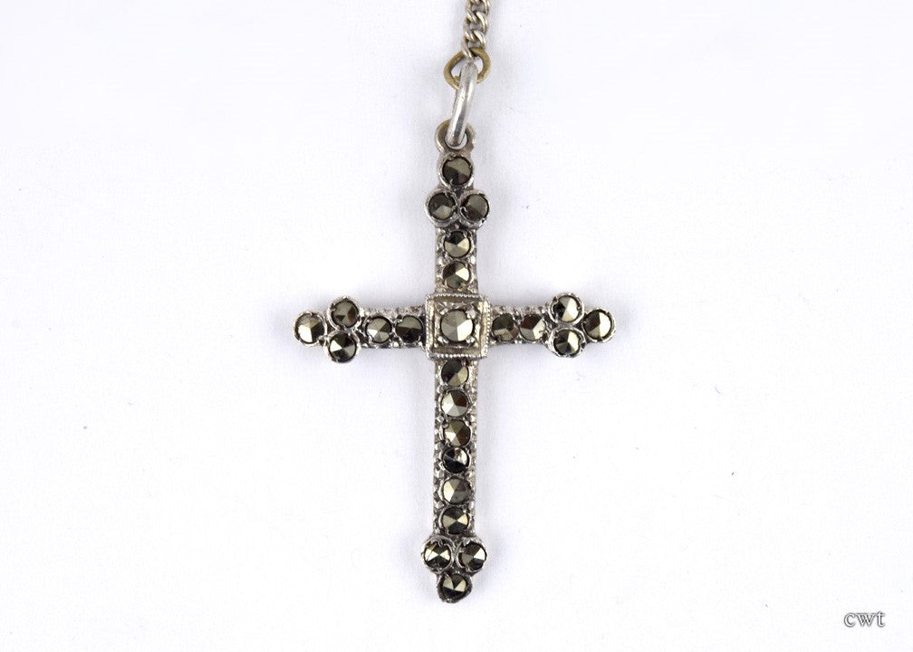 Italian 800 Purity Silver and Marcasite Cross Mother of Pearl Beaded Rosary