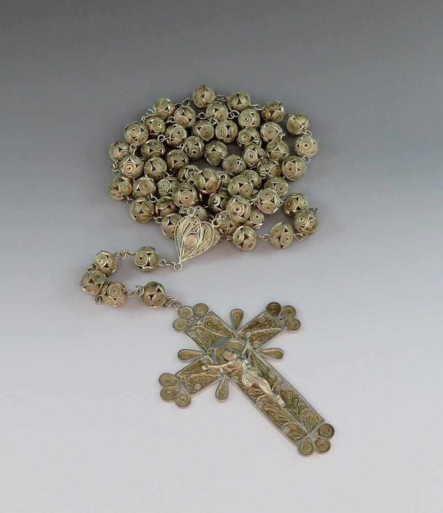 Rare c1900 Silver Filigree Cross Crucifix Rosary Necklace