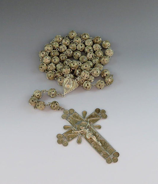 Rare c1900 Silver Filigree Cross Crucifix Rosary Necklace