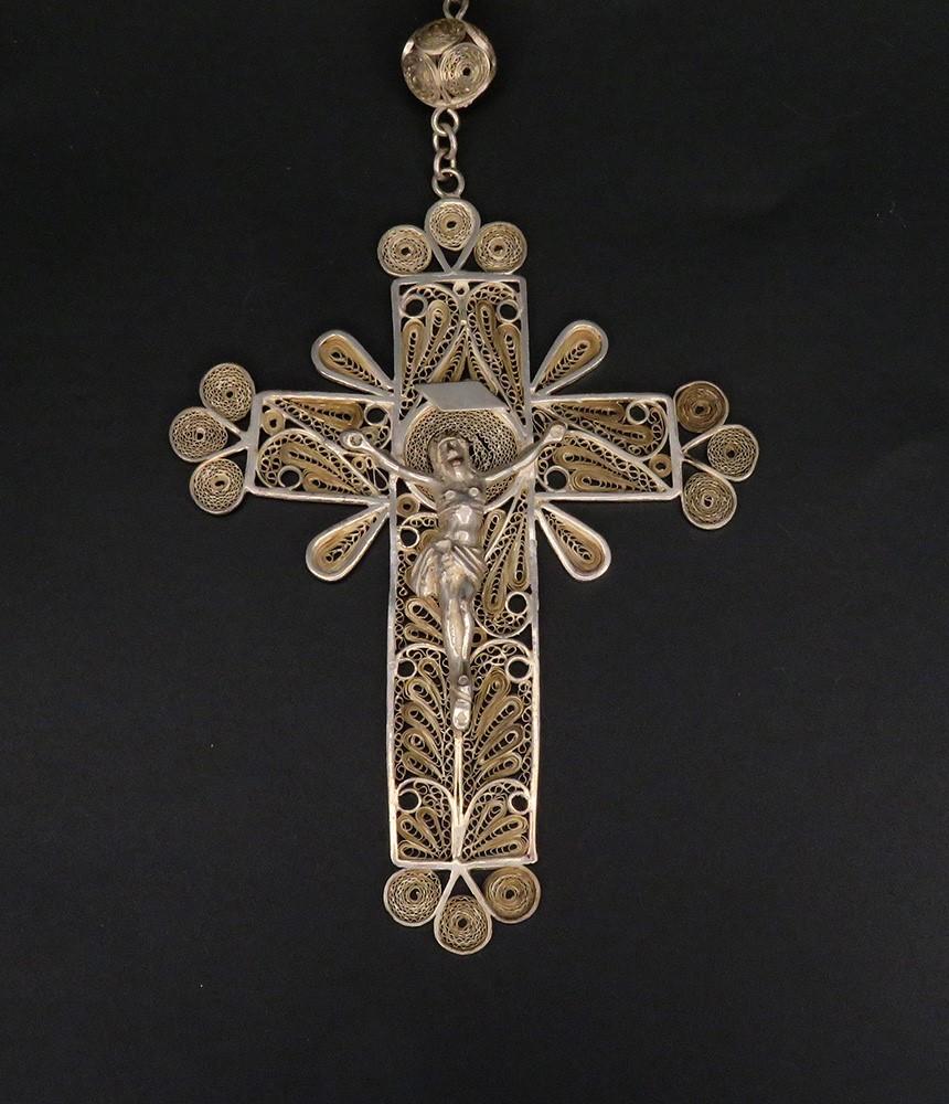 Rare c1900 Silver Filigree Cross Crucifix Rosary Necklace