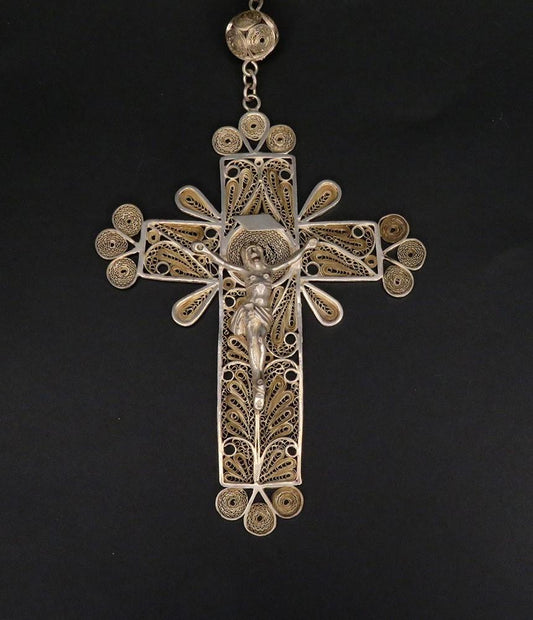 Rare c1900 Silver Filigree Cross Crucifix Rosary Necklace