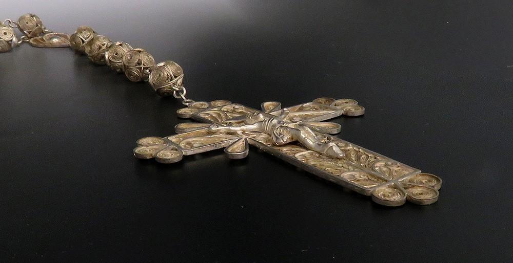 Rare c1900 Silver Filigree Cross Crucifix Rosary Necklace