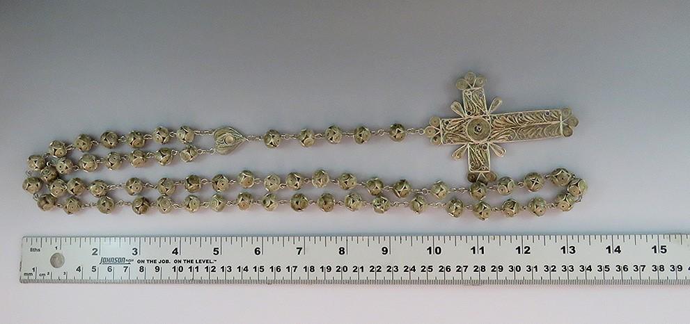 Rare c1900 Silver Filigree Cross Crucifix Rosary Necklace