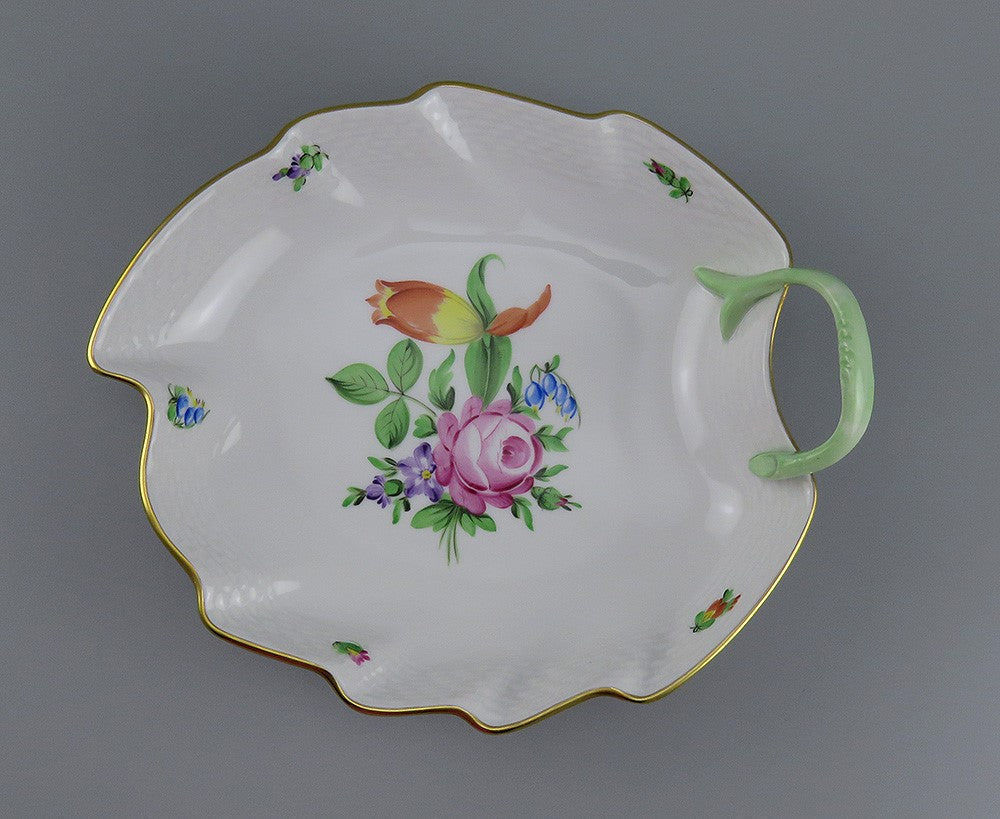 Herend Hungary Weaved Edge Flower Bouquet Leaf Form Porcleain Bowl Dish