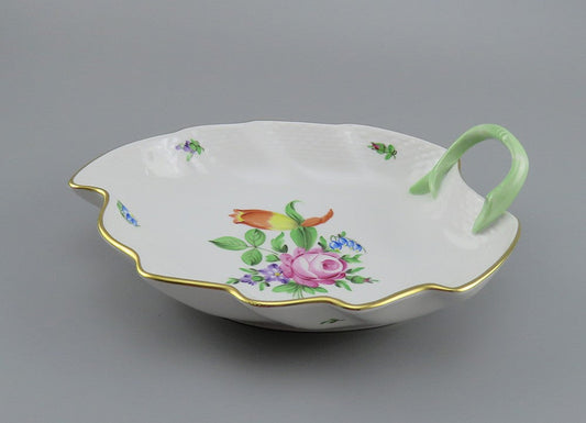 Herend Hungary Weaved Edge Flower Bouquet Leaf Form Porcleain Bowl Dish