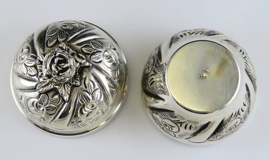 Pretty 900 Silver Rose Flower Covered Pooja Kumkum Sindoor Dabbi or Trinket Box