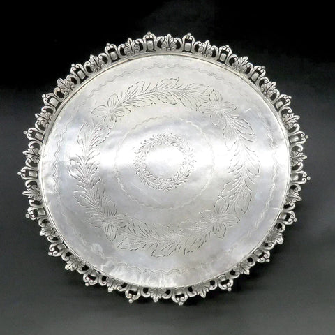 Antique c1870 Portuguese .958 Silver Hand Engraved Round Tray Platter 9 3/4"