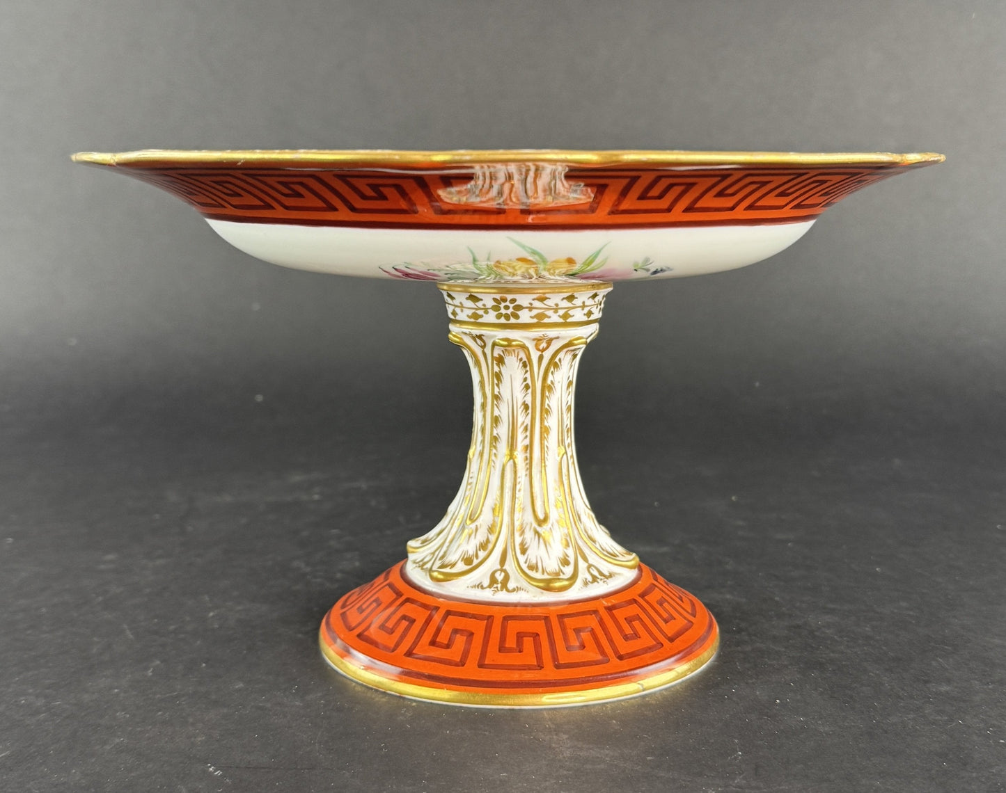 Stunning c1860s European Red Greek Key Hand Painted Floral Compote Pedestal Bowl