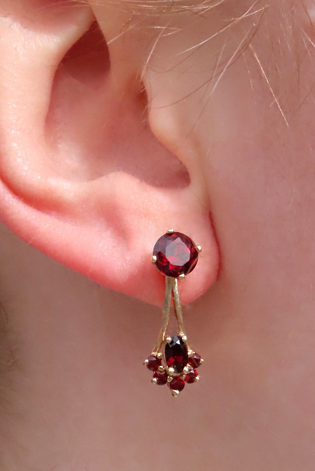 Eye-catching 14k Yellow Gold Red Garnet Convertible Stud Dangle Drop Earrings
