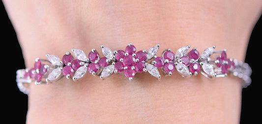 Nice Sterling Silver Bracelet w/ Genuine Rubies, White Stones and Floral Motif
