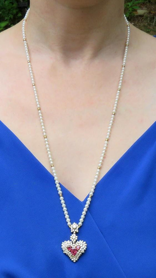 Finest Quality Italian 18K Yellow Gold Diamond Ruby Pearl Heart Pendant Necklace