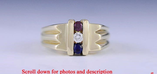 Modern 14K Gold Sapphire Ruby & Diamond Patriotic Ring Size 6.5