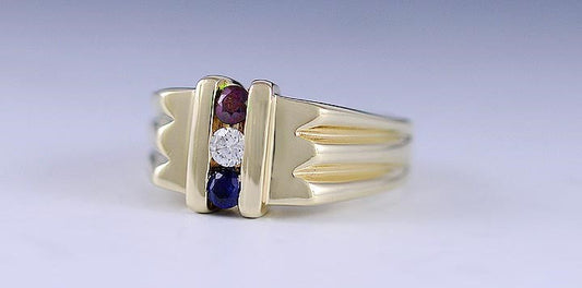 Modern 14K Gold Sapphire Ruby & Diamond Patriotic Ring Size 6.5
