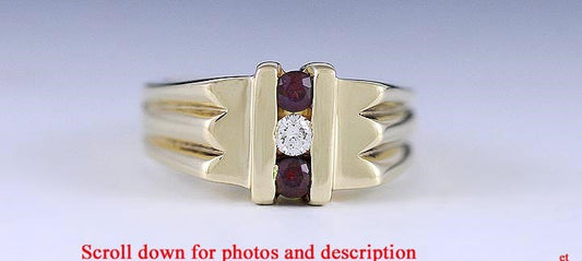 Heavy Weight 14K Yellow Gold Ruby & Diamond Modern Ring Size 6.5