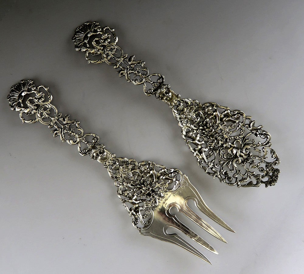 Antique Hanau German Silver Dutch Colonial Style Huge Salad Serving Fork Spoon