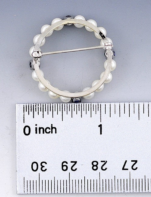 Quality 14k White Gold Pearl Sapphire Open Circle Brooch/Pin