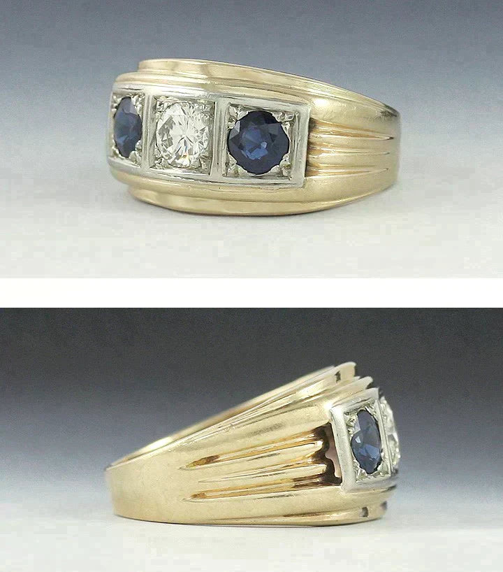 Superb Brilliant Vintage Diamond Blue Sapphire 14K Yellow Gold Ring