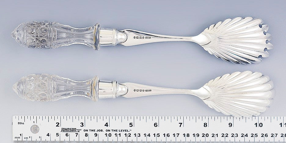 Antique 1885 English Cut Glass Sterling Silver 2pc Serving Set Spoon Fork