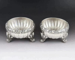 Pair Antique 1880 Victorian Tiffany Sterling Silver Salt Cellars Dishes