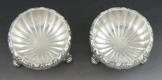 Pair Antique 1880 Victorian Tiffany Sterling Silver Salt Cellars Dishes