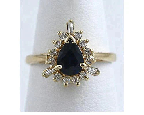 Stunning 14K Yellow Gold .65CT Tear-Drop Sapphire & Diamond Ring