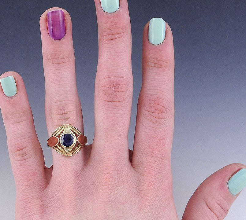 Nice Retro Vintage c1950s 14K Two Tone Rose & Yellow Gold Sapphire Ring