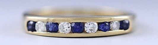 Charming 14K Yellow Gold Sapphire & Diamond Anniversary Band Ring Size 8.5
