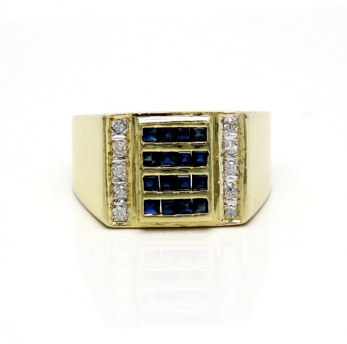 Stylish 14k Yellow Gold Sapphire and Diamond Square Ring