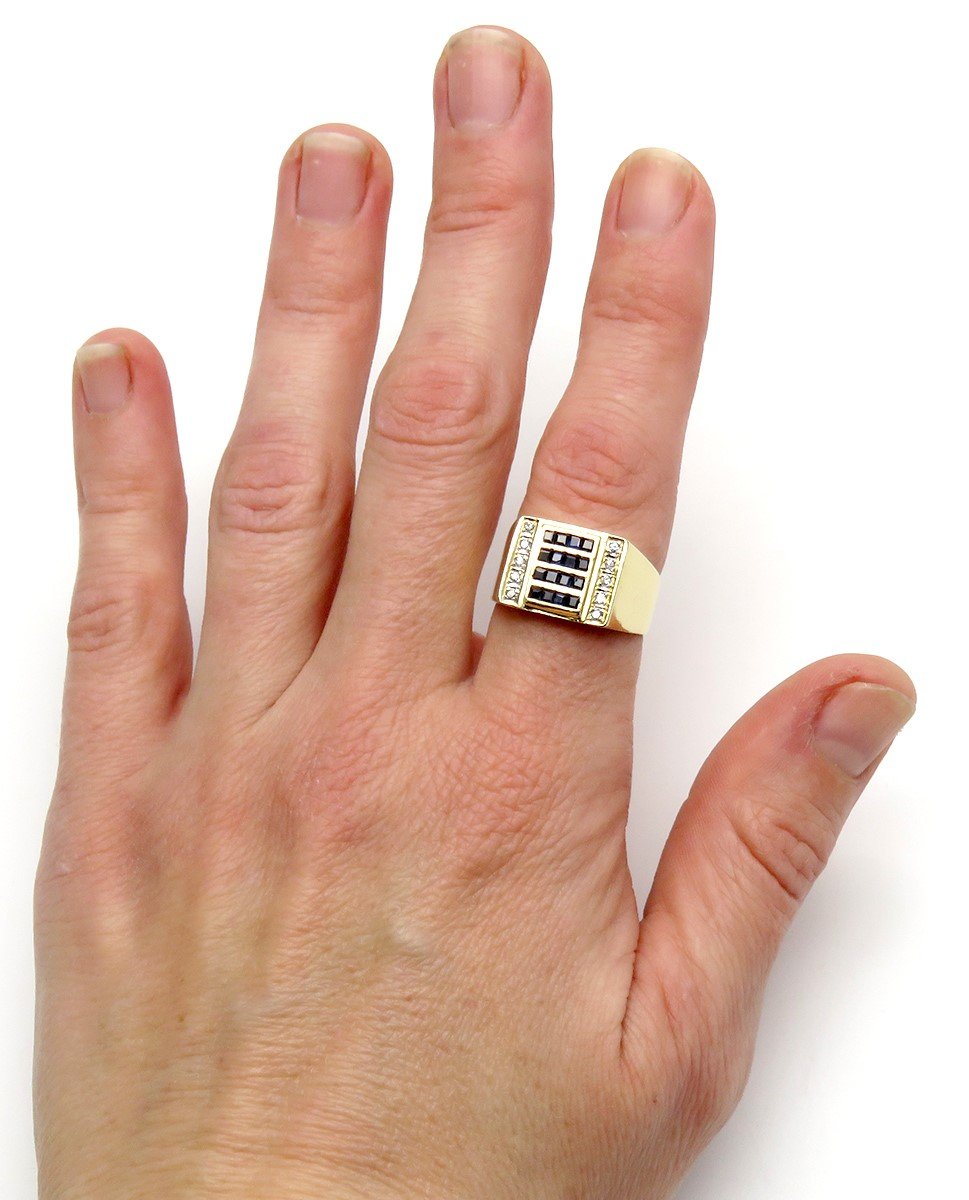 Stylish 14k Yellow Gold Sapphire and Diamond Square Ring