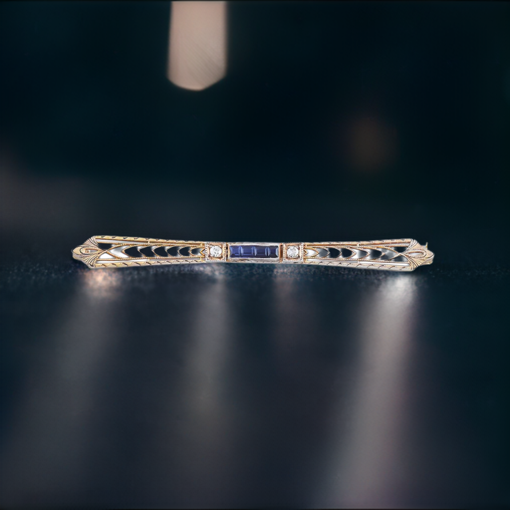 c1915 Lovely 14k Gold Diamond & Synth Sapphire Bar Pin / Brooch