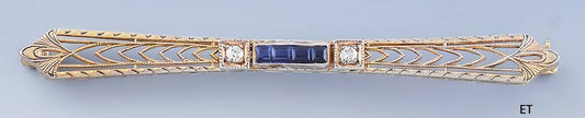 c1915 Lovely 14k Gold Diamond & Synth Sapphire Bar Pin / Brooch