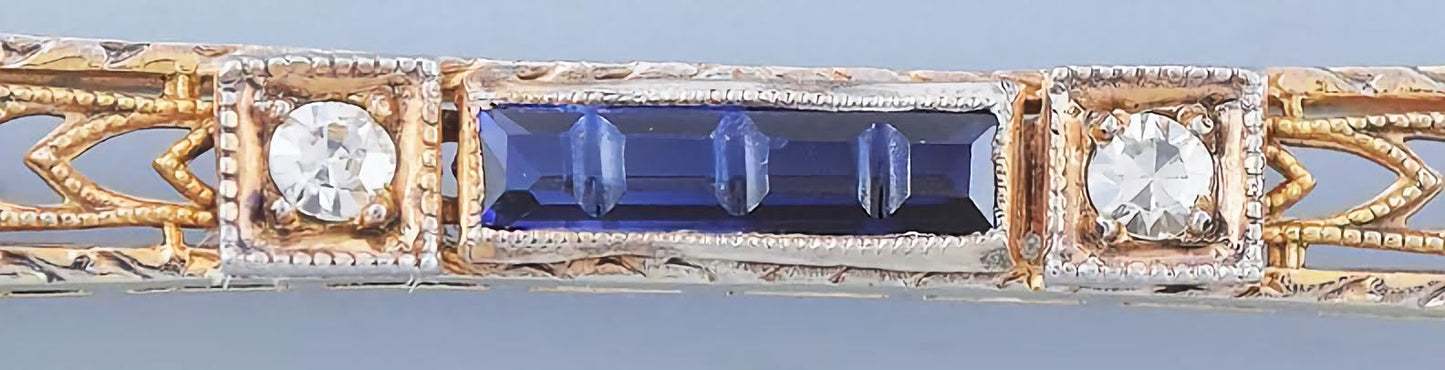 c1915 Lovely 14k Gold Diamond & Synth Sapphire Bar Pin / Brooch