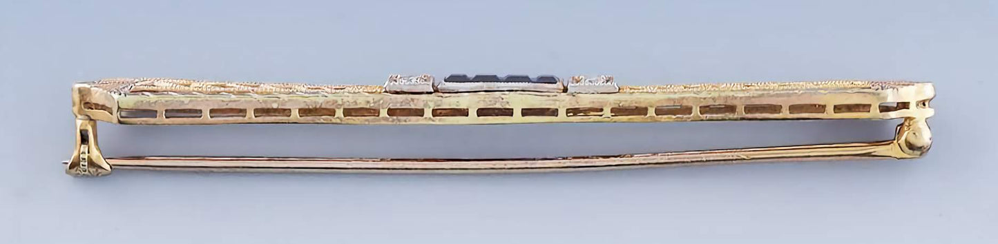 c1915 Lovely 14k Gold Diamond & Synth Sapphire Bar Pin / Brooch