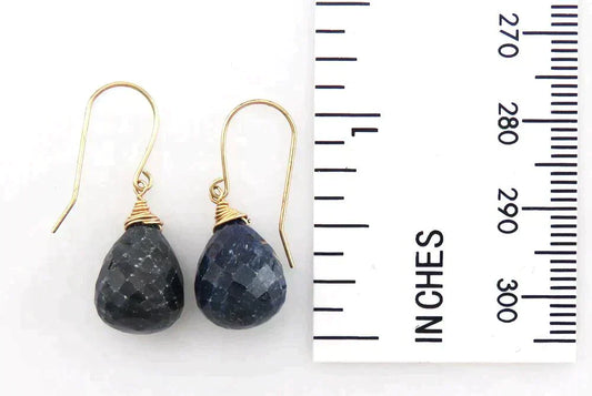 Unique 14K Yellow Gold & Natural Faceted Sapphire Gemstone Dangle Earrings