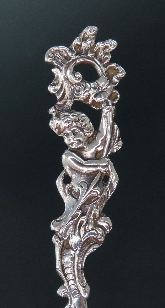 Beautiful Antique German 800 Silver Cherub Flowers Fluted Serving Spoon