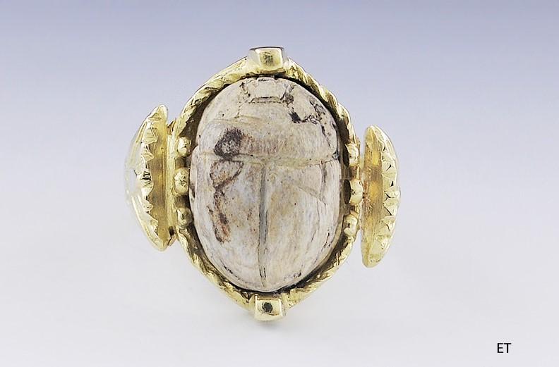 Unique 18k Gold & Antique Egyptian Pottery Scarab Beetle Ring