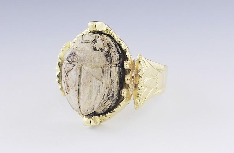 Unique 18k Gold & Antique Egyptian Pottery Scarab Beetle Ring